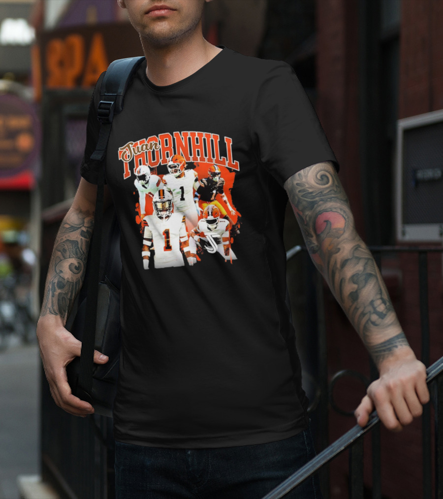Juan Thornhill Football Player Orange And Black Action Collage T-Shirt