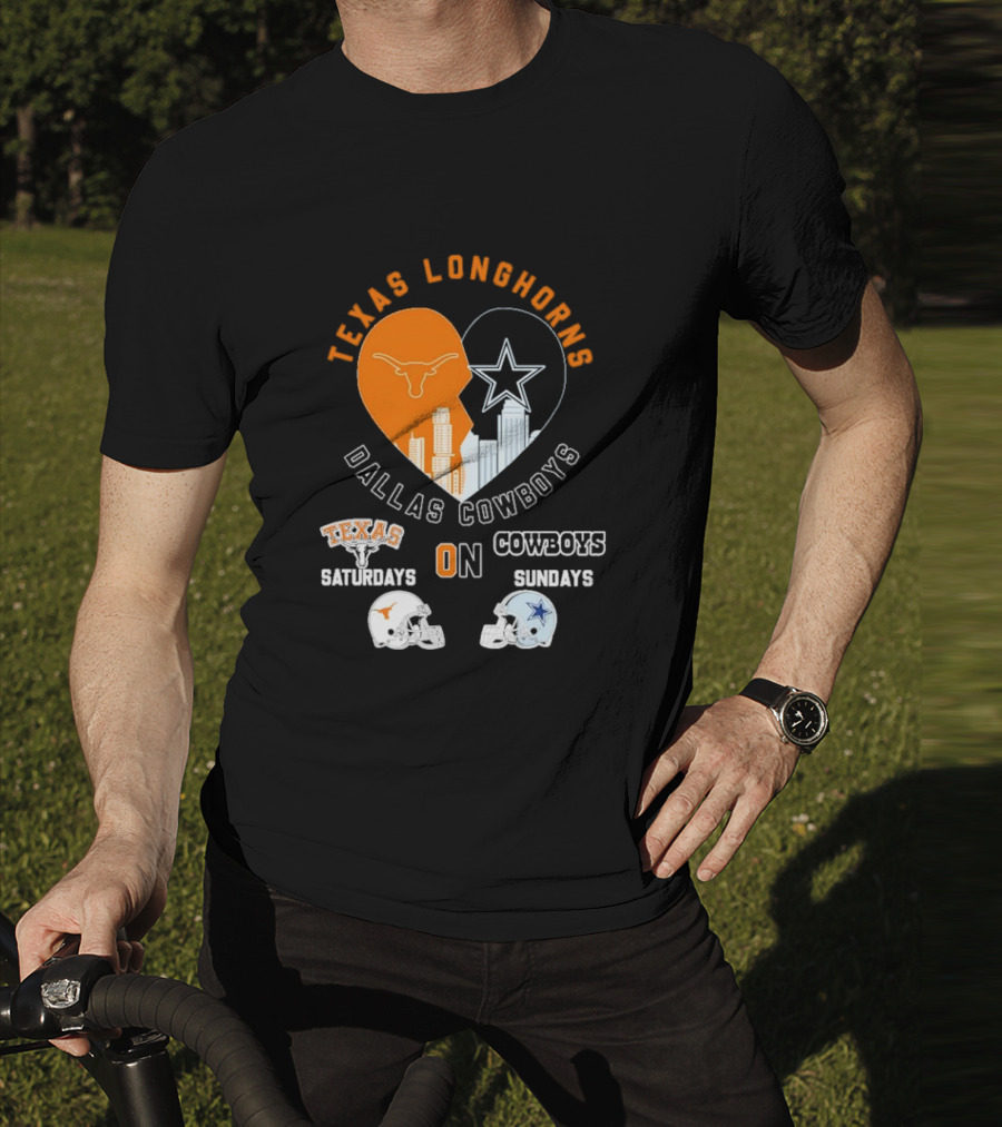 Texas Longhorns Dallas Cowboys Heart Skyline Saturdays Sundays Football Helmets T-Shirt