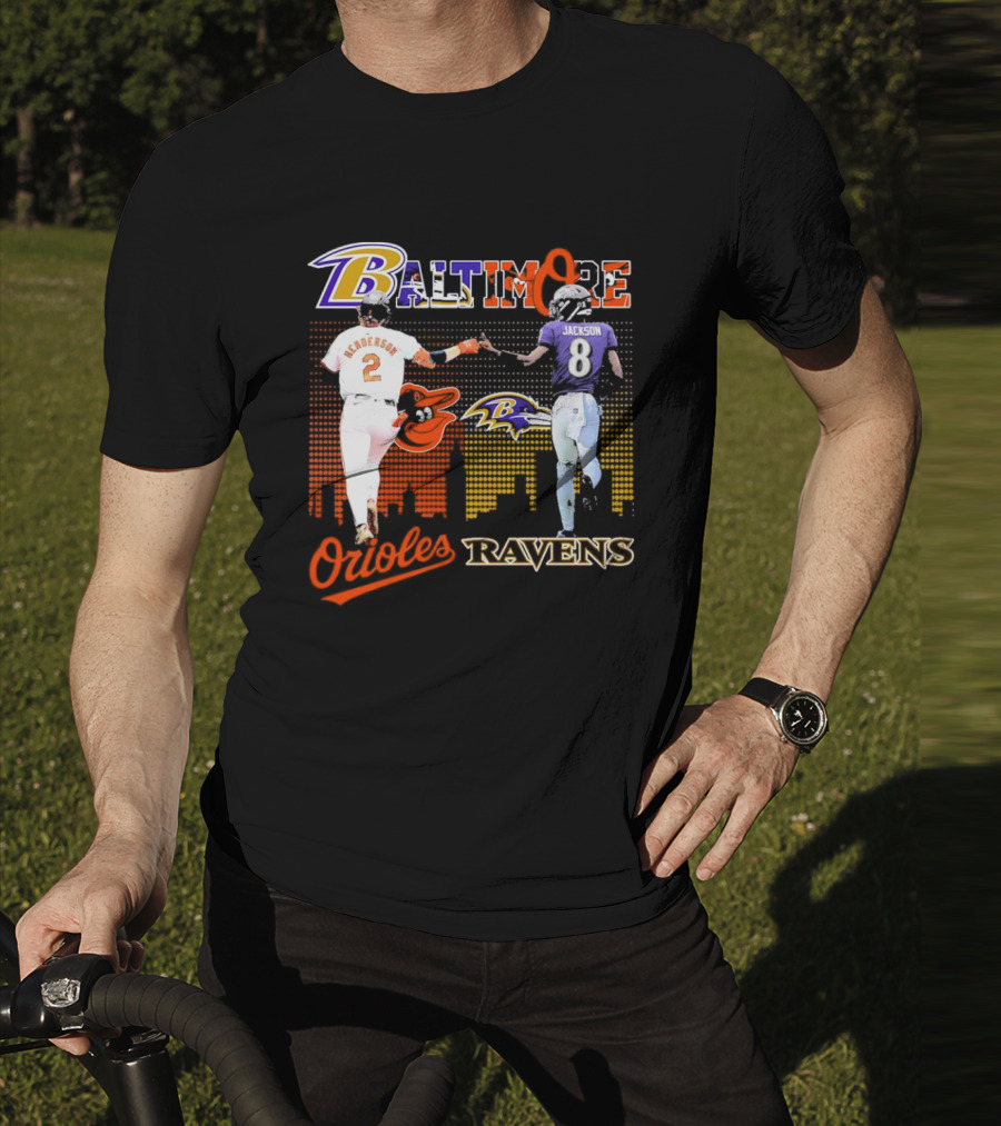 Baltimore Orioles Gunnar Henderson Baltimore Ravens Lamar Jackson City Skyline T-Shirt