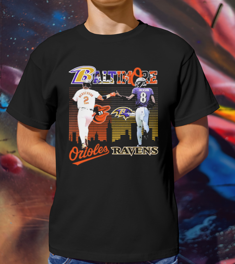 Baltimore Orioles Gunnar Henderson Baltimore Ravens Lamar Jackson City Skyline T-Shirt