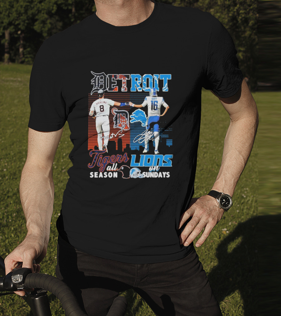 Detroit Tigers All Season X Detroit Lions On Sundays Detroit Tigers Lions Logos Sports Icons Collaboration T-Shirt