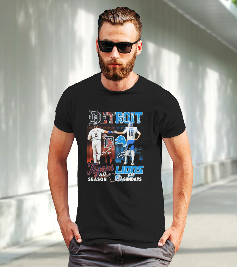 Detroit Tigers All Season X Detroit Lions On Sundays Detroit Tigers Lions Logos Sports Icons Collaboration T-Shirt