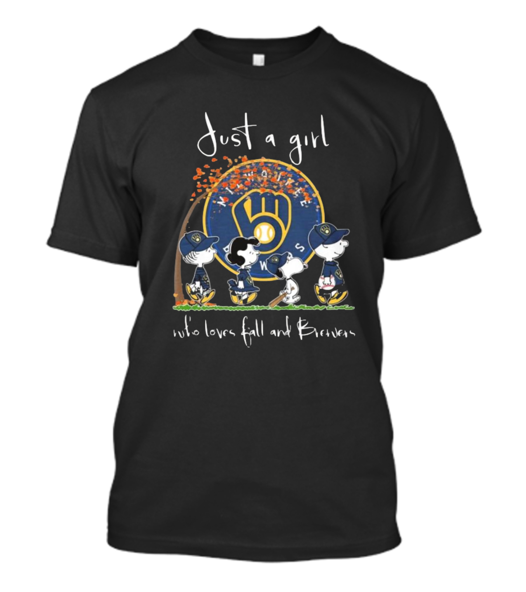 Peanuts Characters Just A Girl Who Loves Fall And Milwaukee Brewers T-Shirt