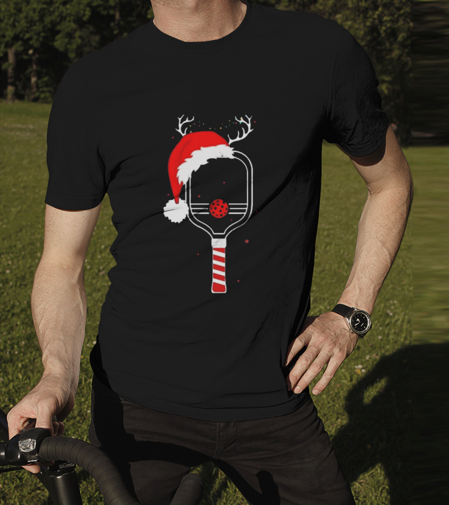 Pickleball Holiday Reindeer Santa Hat Christmas Paddle T-Shirt