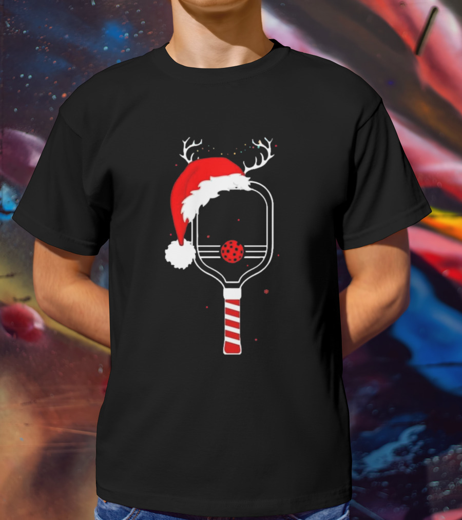Pickleball Holiday Reindeer Santa Hat Christmas Paddle T-Shirt