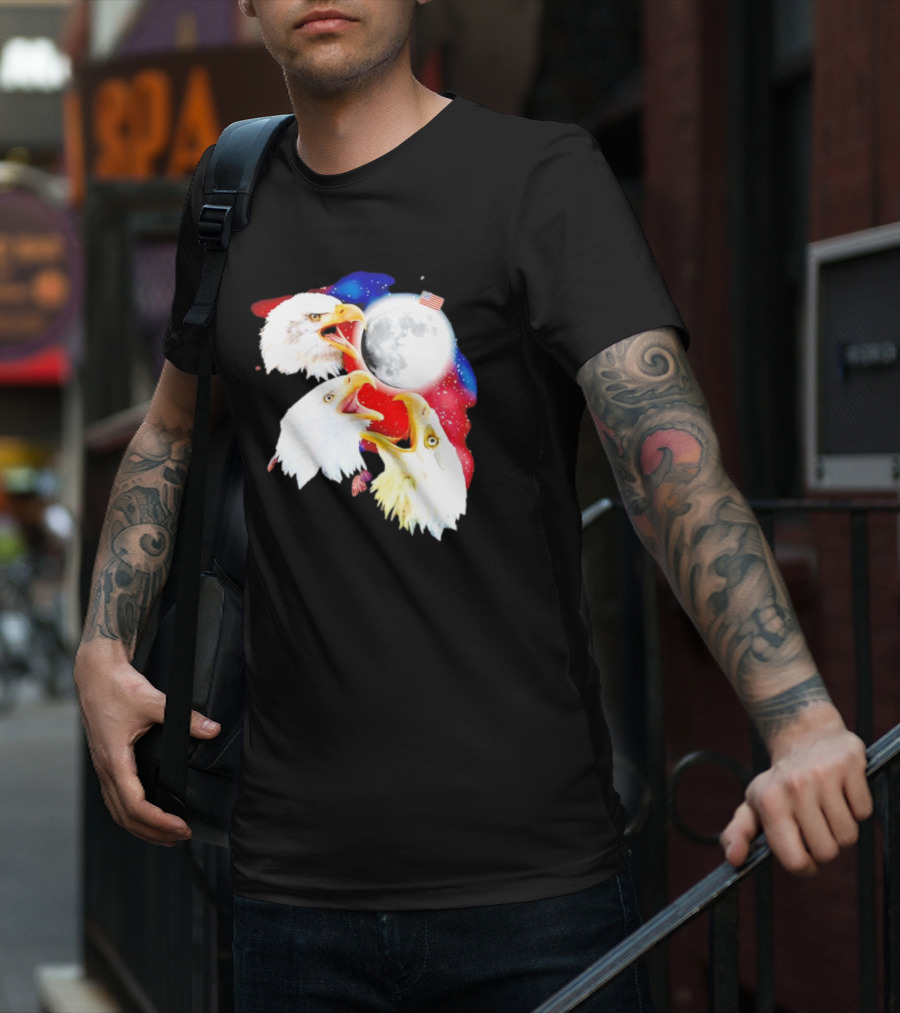 Three Eagles To The Moon American Flag Lunar Trio T-Shirt