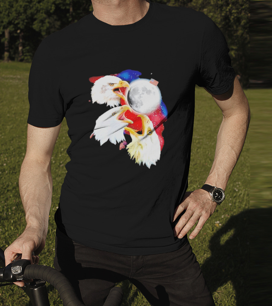 Three Eagles To The Moon American Flag Lunar Trio T-Shirt