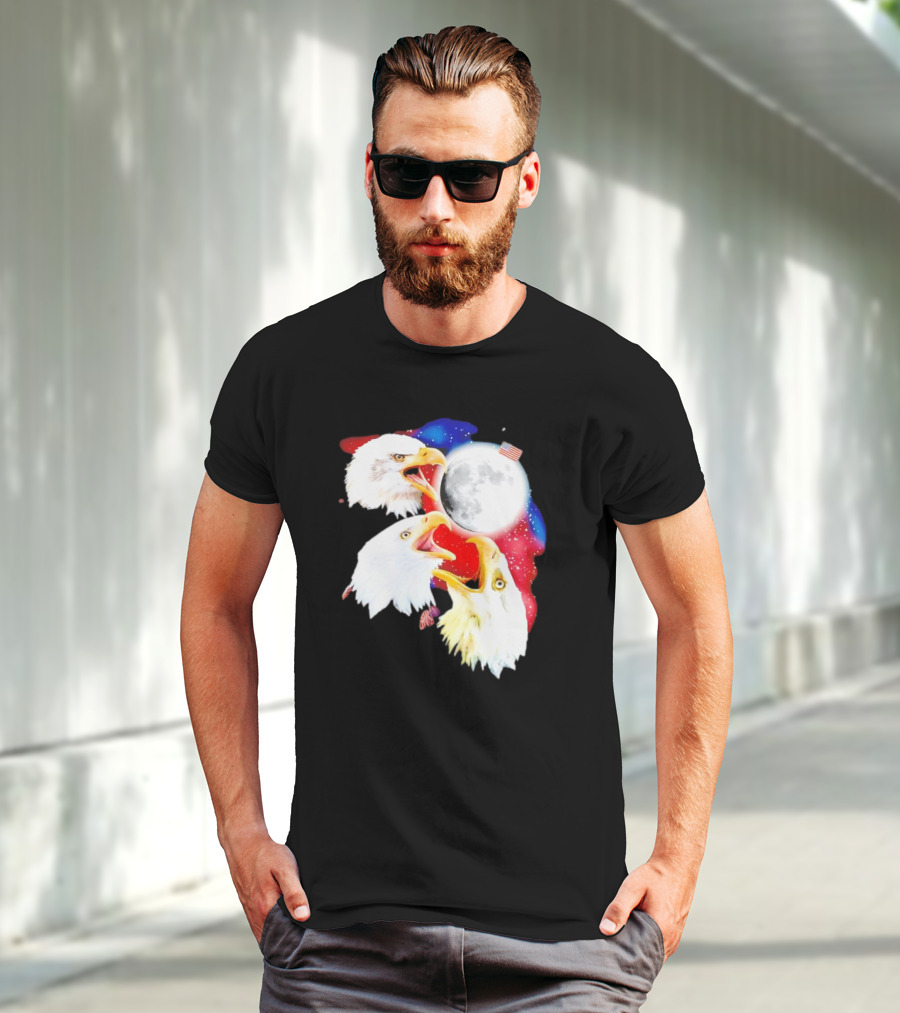 Three Eagles To The Moon American Flag Lunar Trio T-Shirt