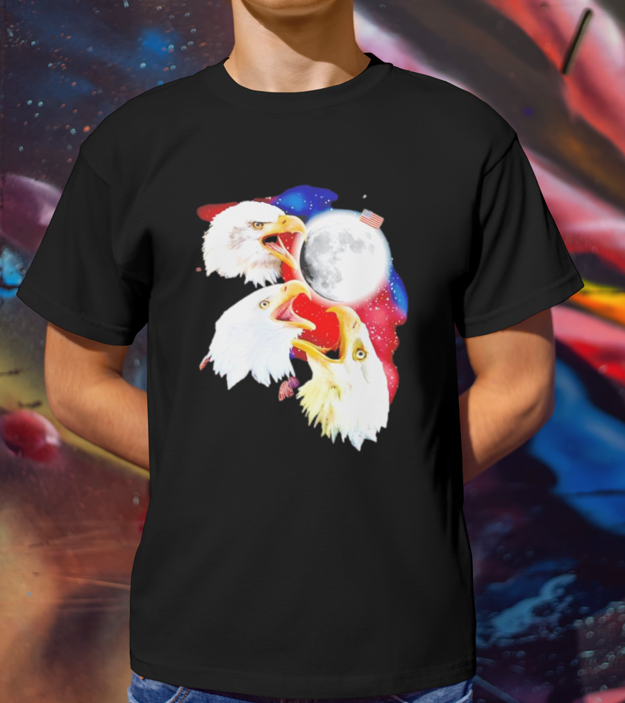 Three Eagles To The Moon American Flag Lunar Trio T-Shirt