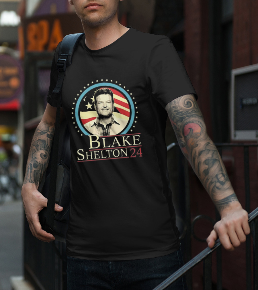 Blake Shelton 24 Portrait With American Flag Background T-Shirt