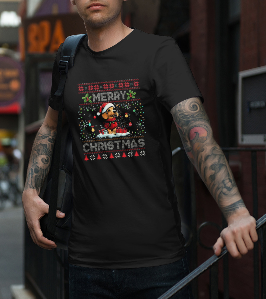 Merry Christmas Dachshund With Santa Hat And Holiday Lights Decorations Dog Lover Xmas T-Shirt
