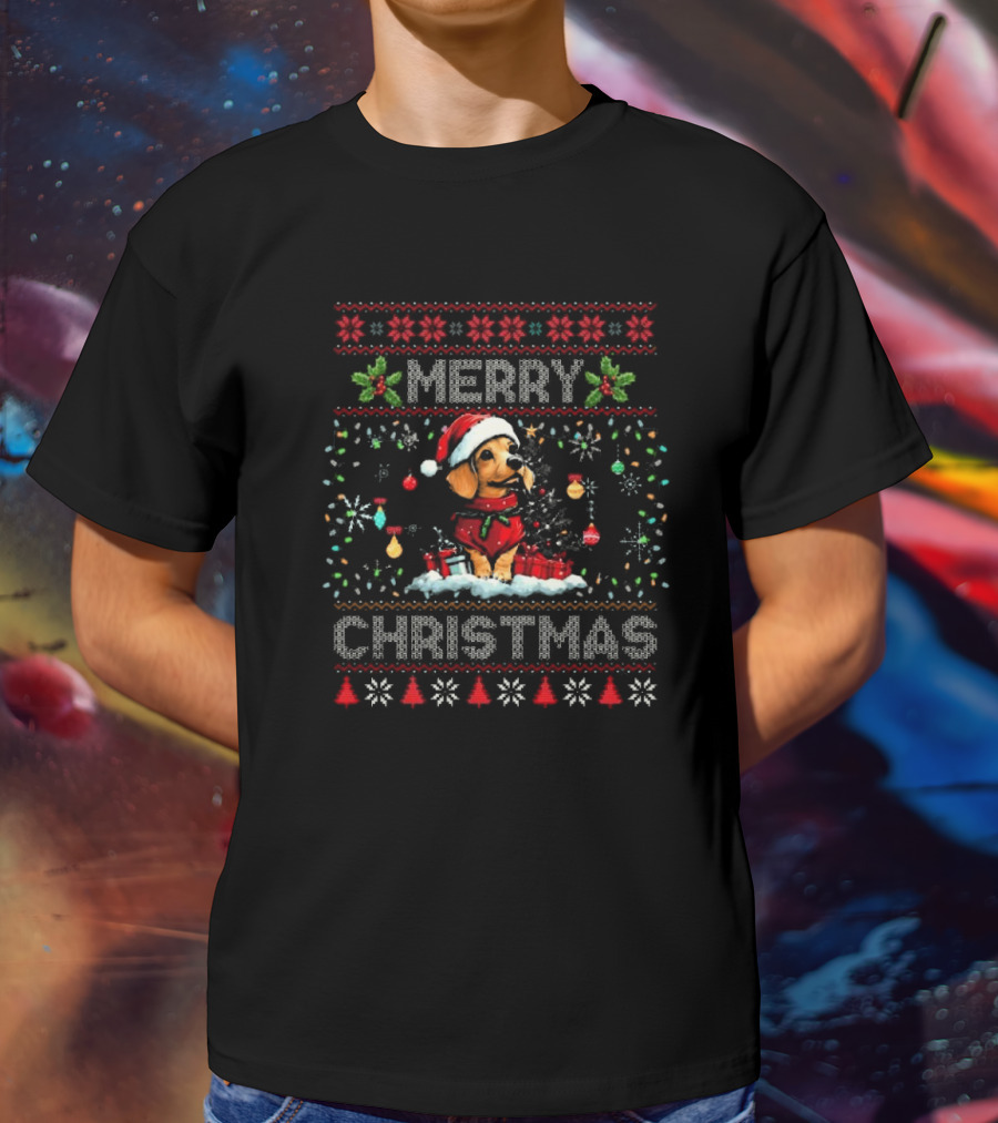 Merry Christmas Dachshund With Santa Hat And Holiday Lights Decorations Dog Lover Xmas T-Shirt