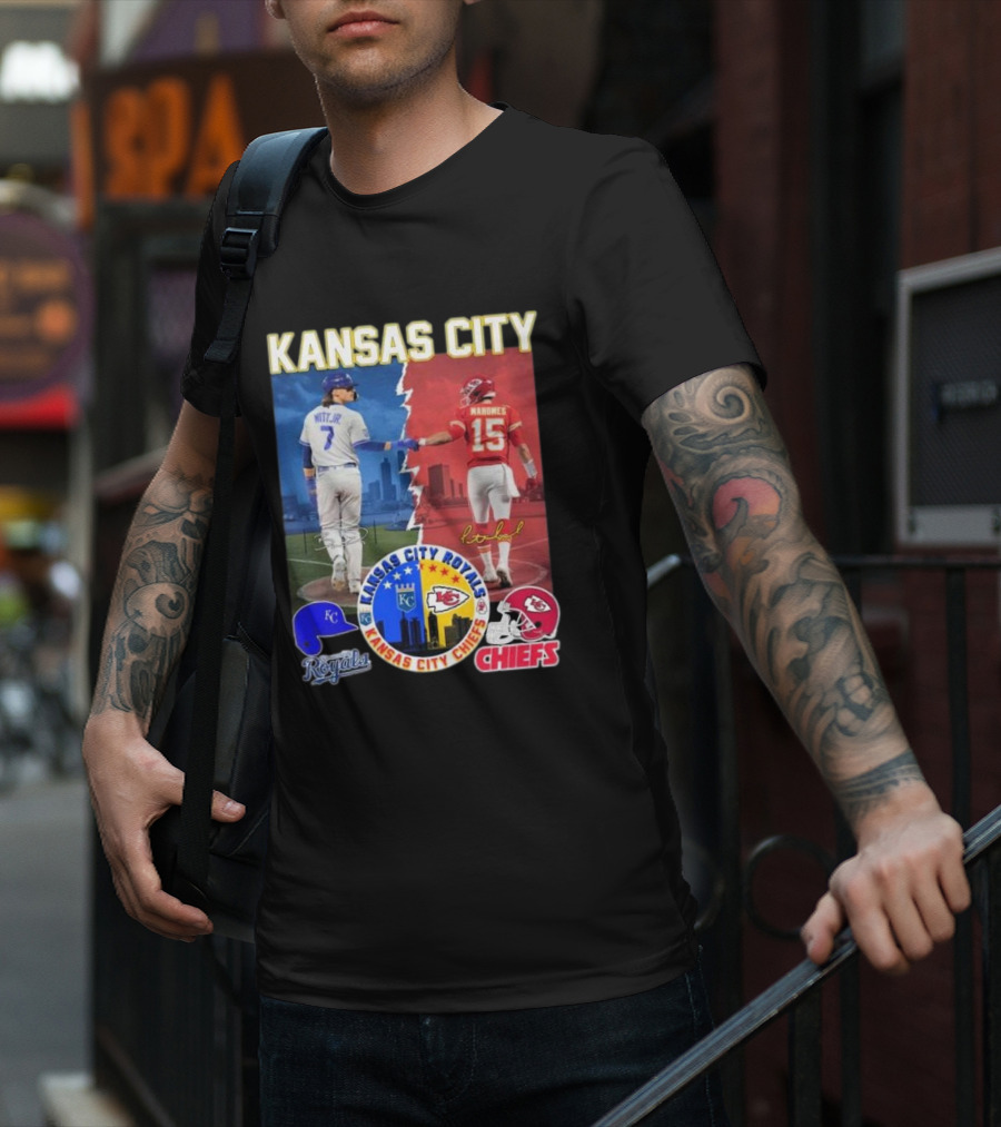 Kansas City Royals Bobby Witt Jr And Chiefs Patrick Mahomes Skyline Logos And Signatures T-Shirt