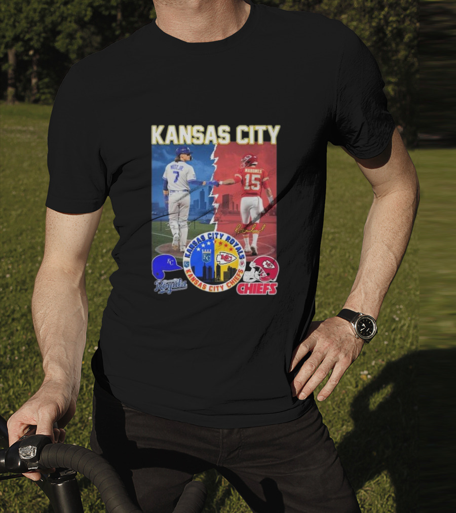 Kansas City Royals Bobby Witt Jr And Chiefs Patrick Mahomes Skyline Logos And Signatures T-Shirt