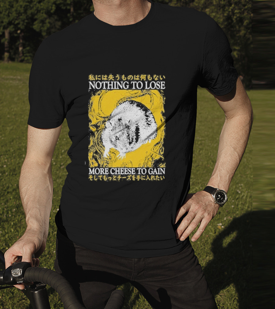 Nothing To Lose More Cheese To Gain Lukathemouse Yellow Background Japanese Text T-Shirt