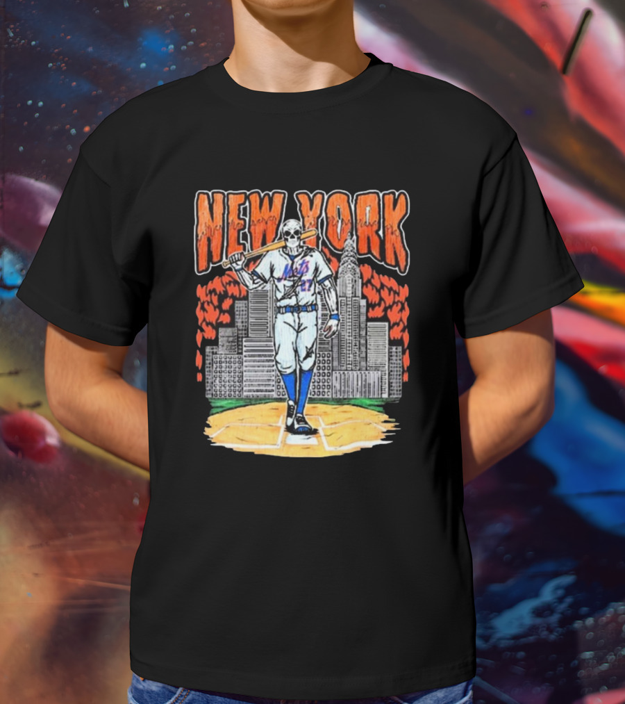 Reed Garrett New York Mets MLB Painting Skeleton Batter City Skyline T-Shirt