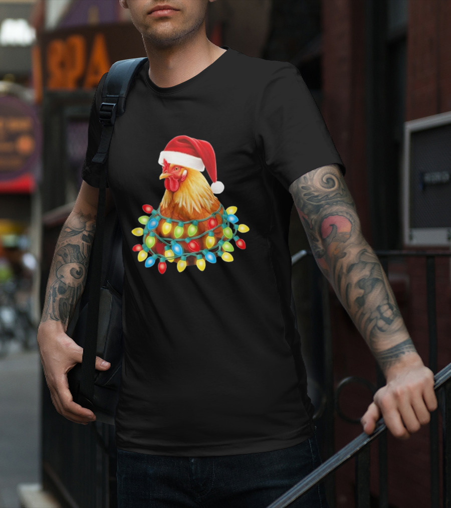 Santa Chicken Christmas Lights Festive Hilarious T-Shirt