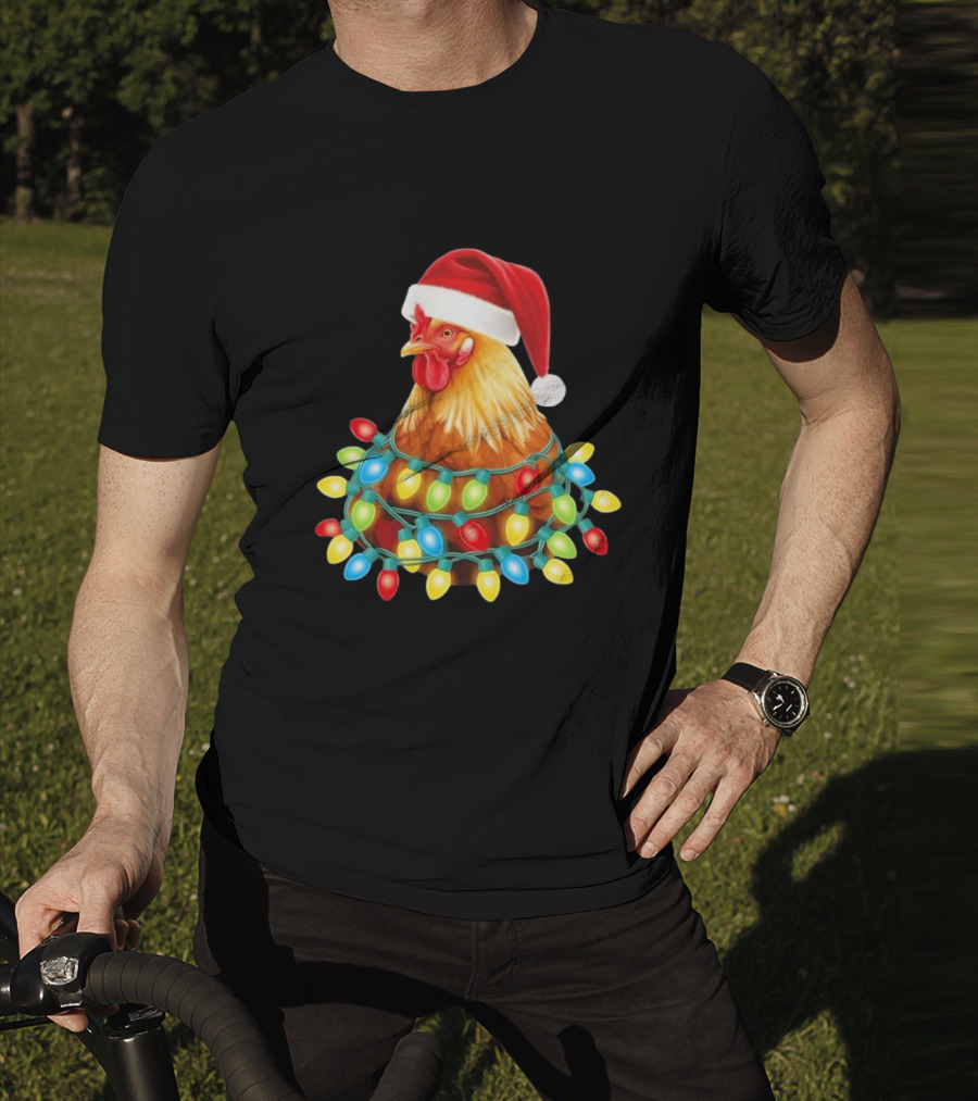 Santa Chicken Christmas Lights Festive Hilarious T-Shirt