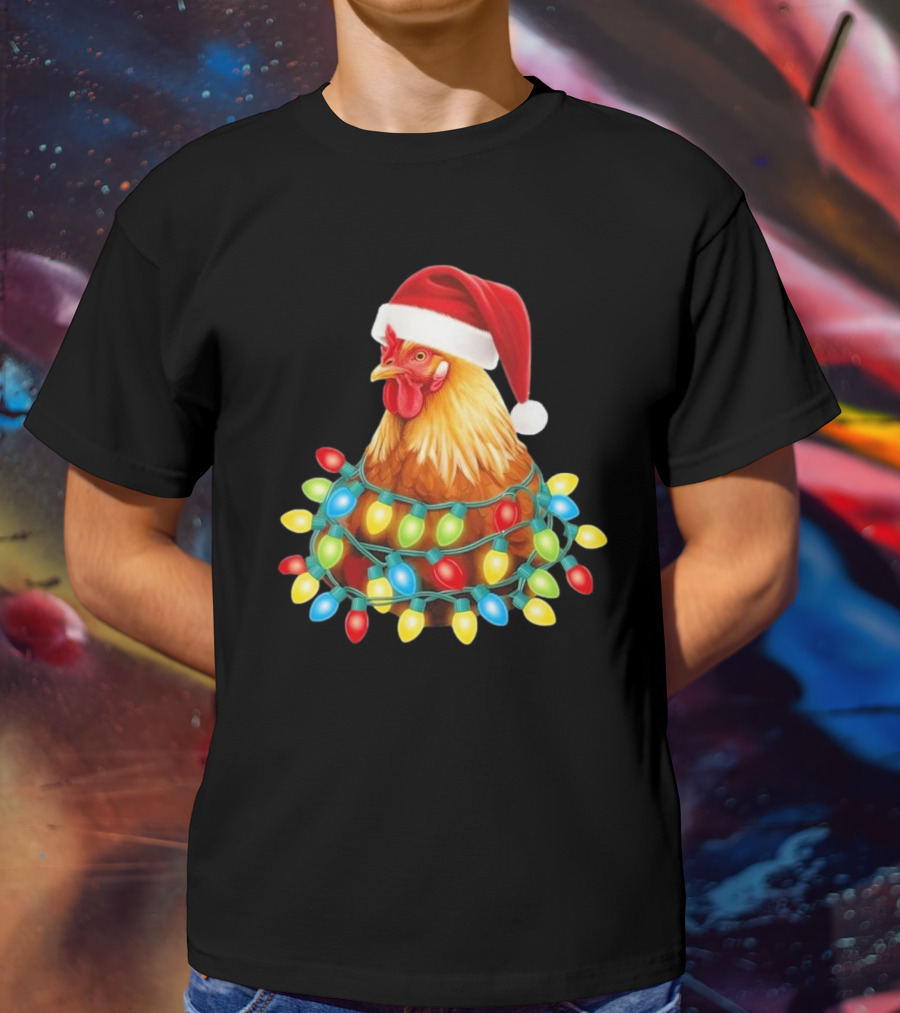 Santa Chicken Christmas Lights Festive Hilarious T-Shirt
