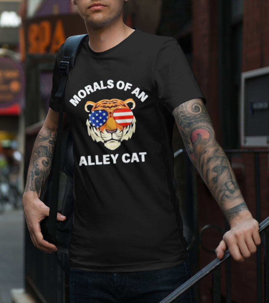 Morals Of An Alley Cat Tiger With American Flag Sunglasses T-Shirt