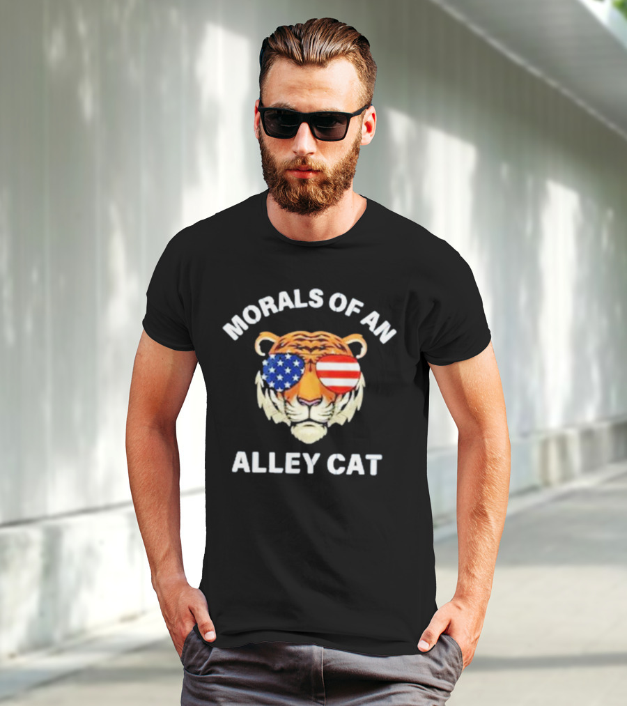 Morals Of An Alley Cat Tiger With American Flag Sunglasses T-Shirt