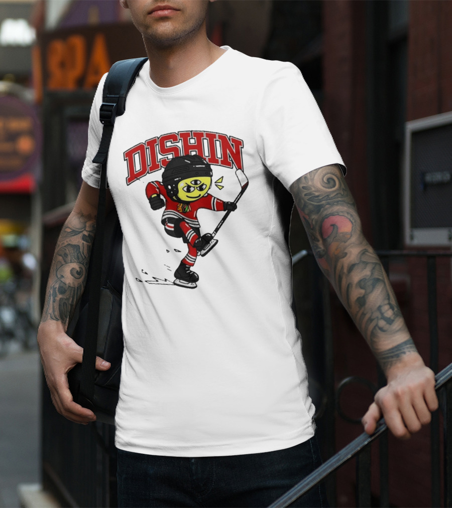 Chicago Blackhawks Just Dishin Hockey Player Cartoon Character Skating T-Shirt