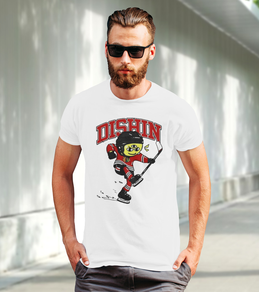 Chicago Blackhawks Just Dishin Hockey Player Cartoon Character Skating T-Shirt