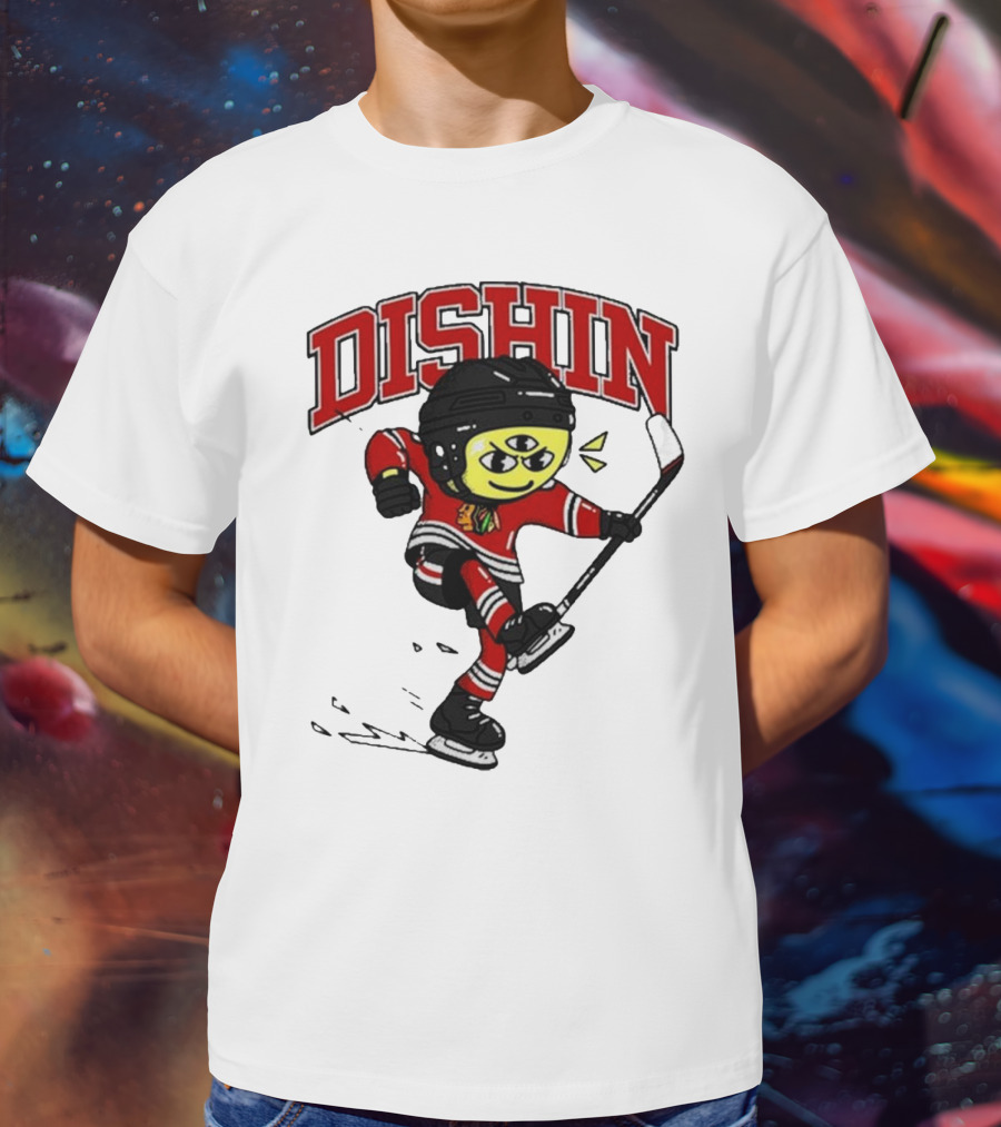 Chicago Blackhawks Just Dishin Hockey Player Cartoon Character Skating T-Shirt
