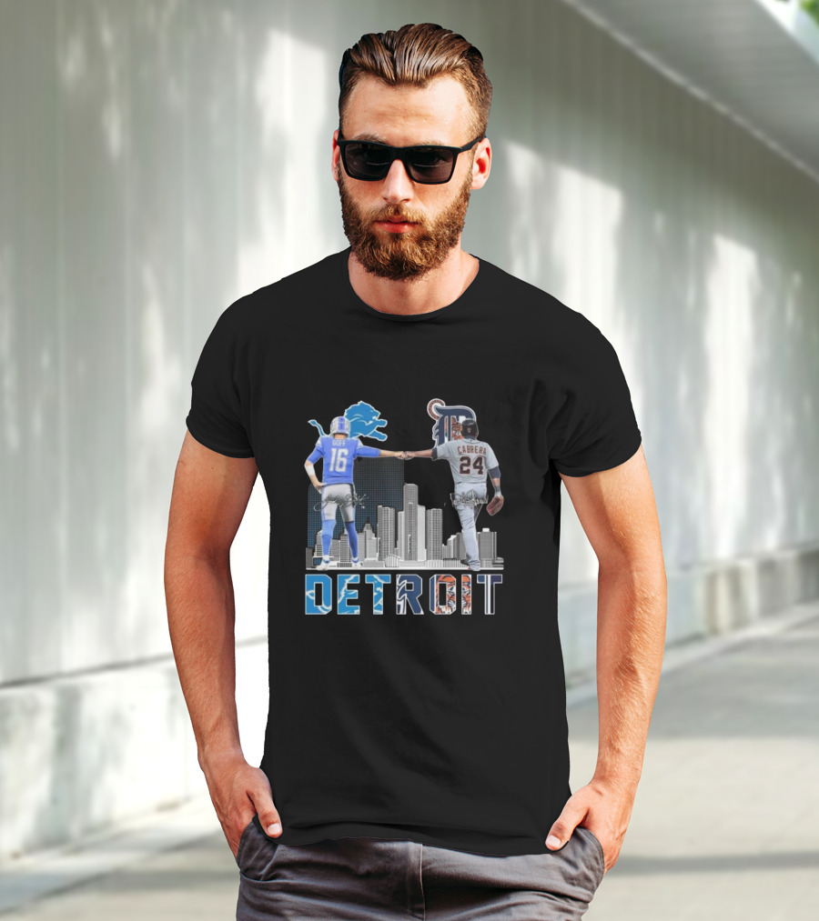 Detroit Lions Goff Tigers Cabrera Signatures Skyline T-Shirt