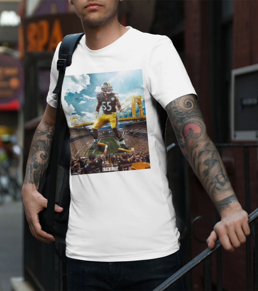 Thachermac Pittsburgh Steelers 55 Player In Stadium With Signature And Bridge Background T-Shirt