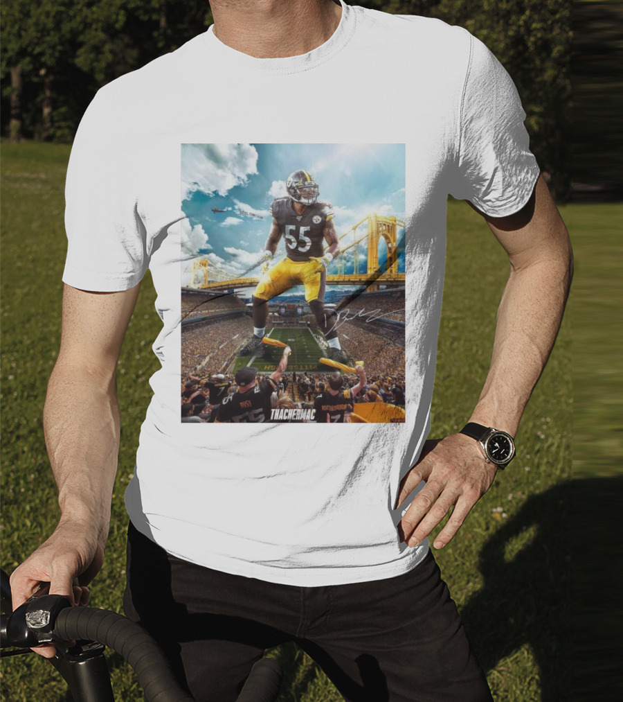 Thachermac Pittsburgh Steelers 55 Player In Stadium With Signature And Bridge Background T-Shirt