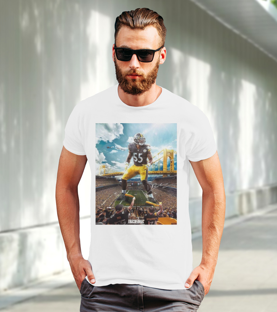 Thachermac Pittsburgh Steelers 55 Player In Stadium With Signature And Bridge Background T-Shirt
