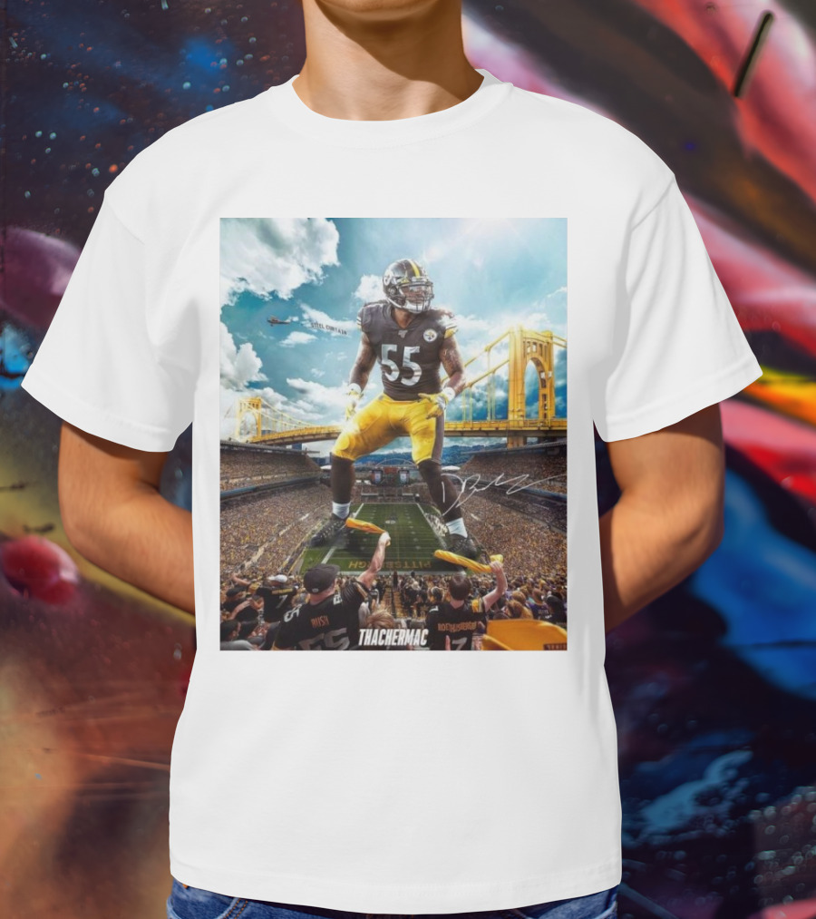 Thachermac Pittsburgh Steelers 55 Player In Stadium With Signature And Bridge Background T-Shirt