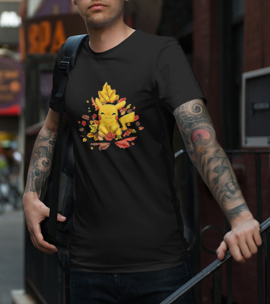 Pikachu Surrounded By Autumn Leaves And Acorns T-Shirt