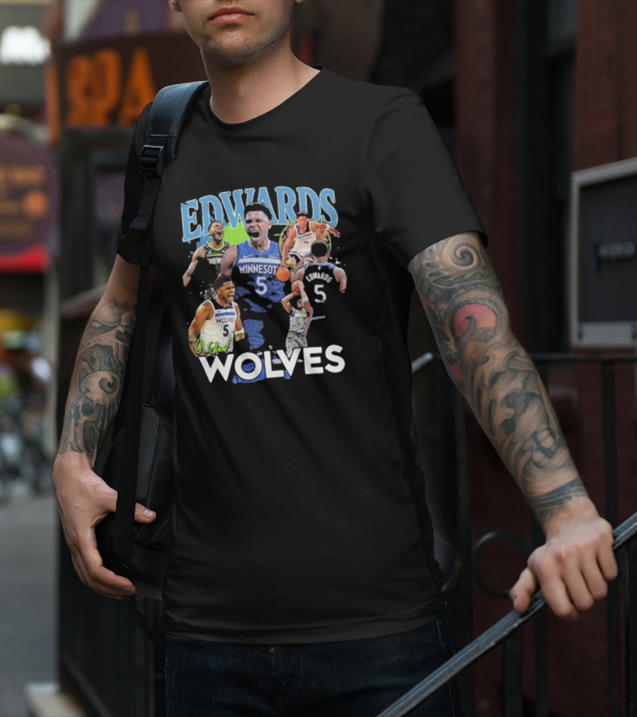 EDWARDS Minnesota Wolves Number 5 Basketball Action Collage T-Shirt
