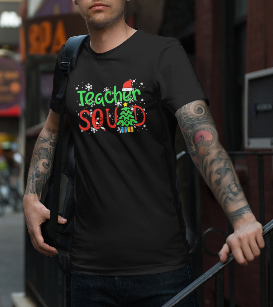 Teacher Squad Christmas Tree Candy Cane Santa Hat Snowflakes T-Shirt
