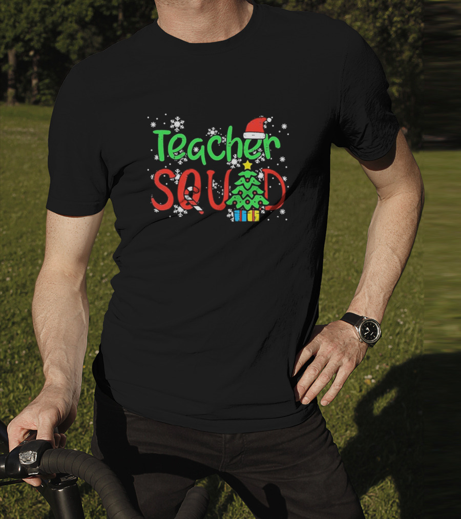 Teacher Squad Christmas Tree Candy Cane Santa Hat Snowflakes T-Shirt