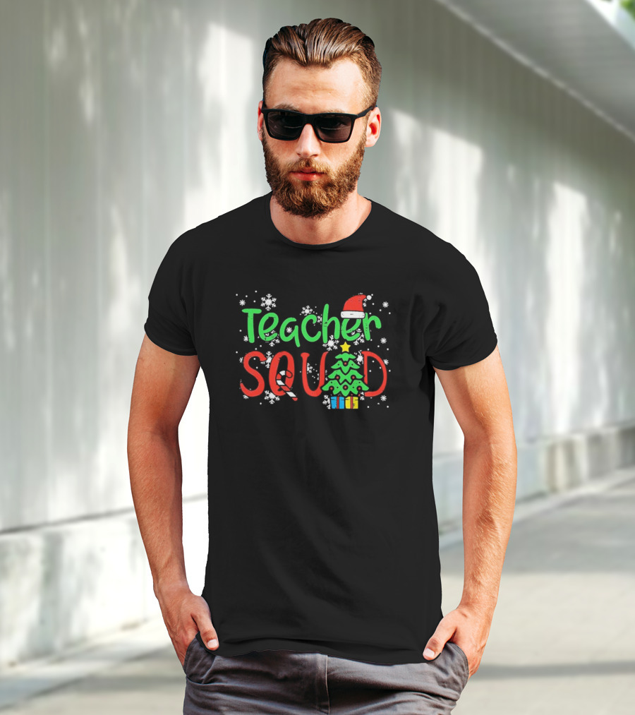 Teacher Squad Christmas Tree Candy Cane Santa Hat Snowflakes T-Shirt