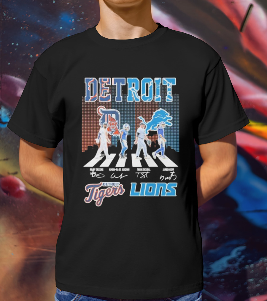 Detroit Lions Detroit Tigers Abbey Road Riley Greene Amon-Ra St. Brown Tarik Skubal Jared Goff Signatures T-Shirt