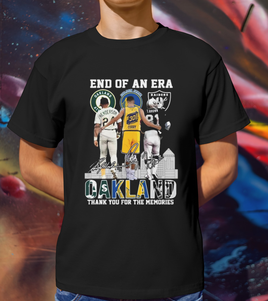 End Of An Era Oakland Henderson Curry Brown Thank You For The Memories Signatures T-Shirt