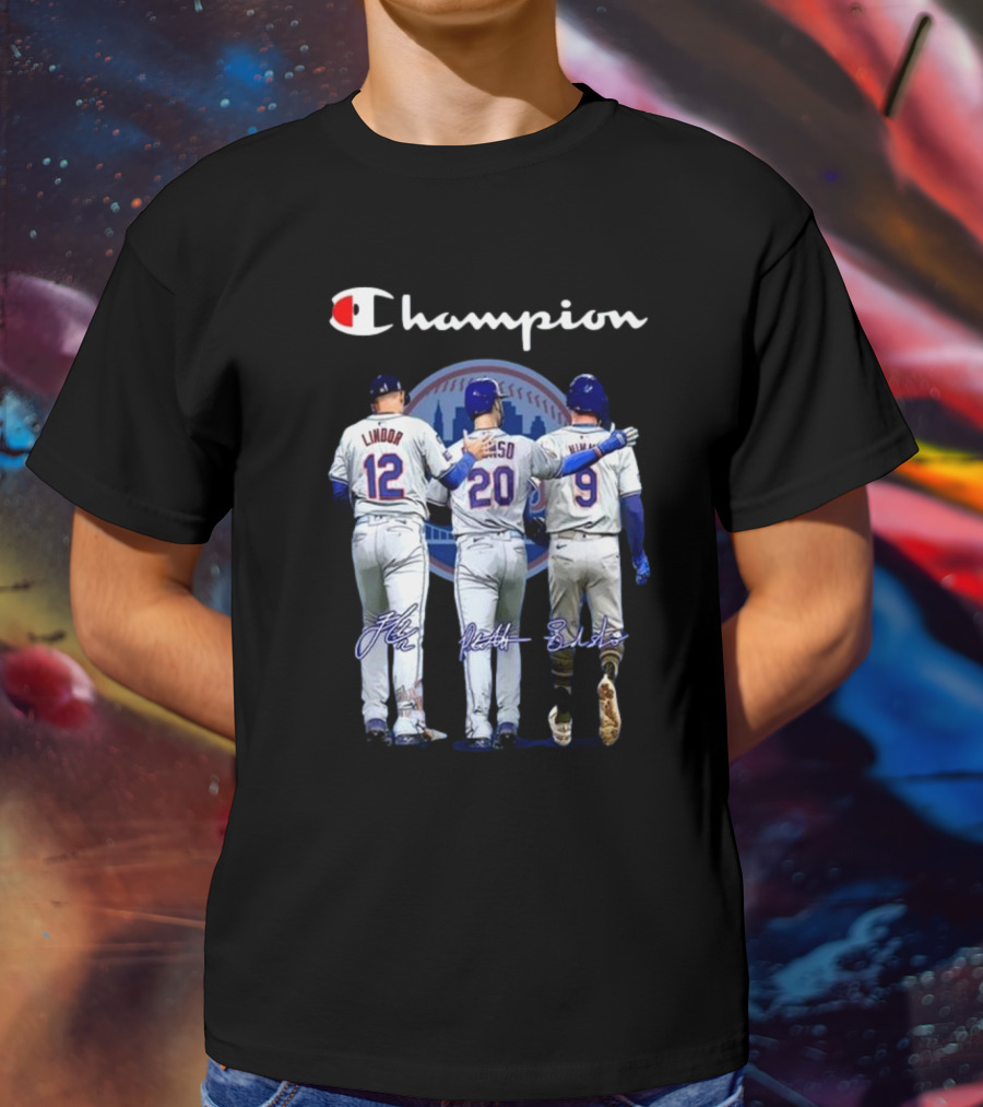 Champion New York Mets Lindor Alonso Nimmo Signatures Behind T-Shirt