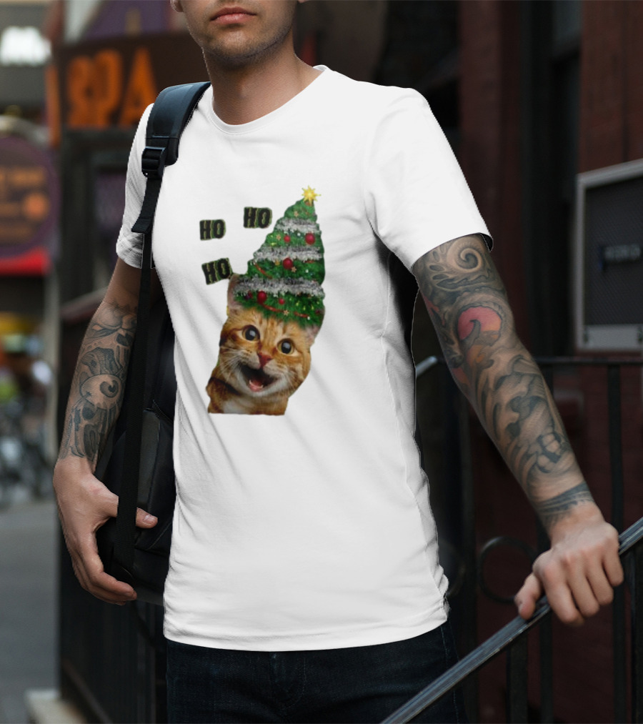 Cat With Christmas Tree Hat Ho Ho Ho Christmas T-Shirt
