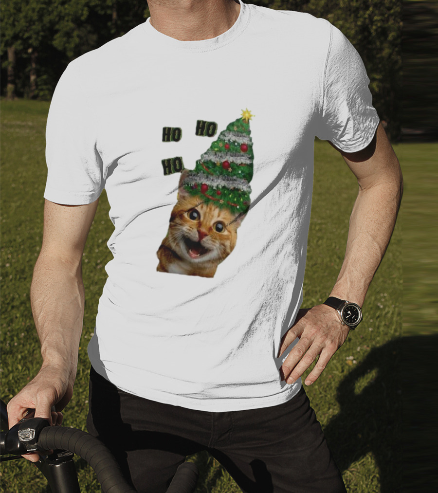 Cat With Christmas Tree Hat Ho Ho Ho Christmas T-Shirt