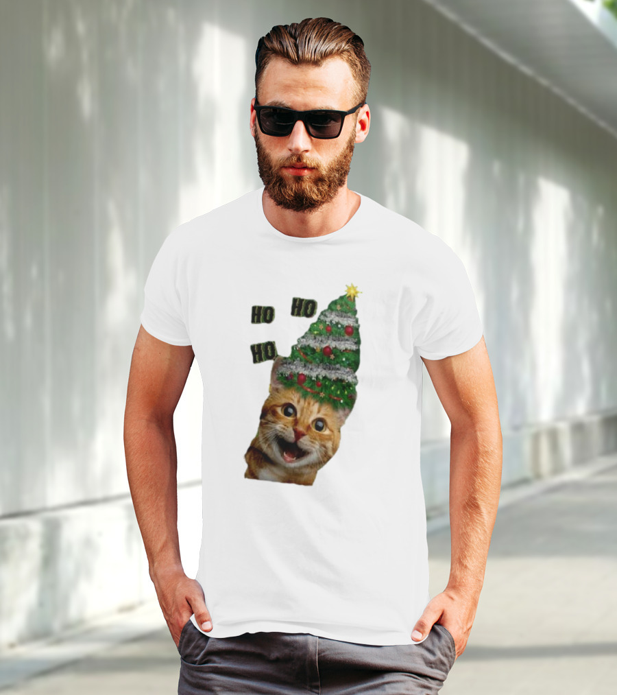 Cat With Christmas Tree Hat Ho Ho Ho Christmas T-Shirt