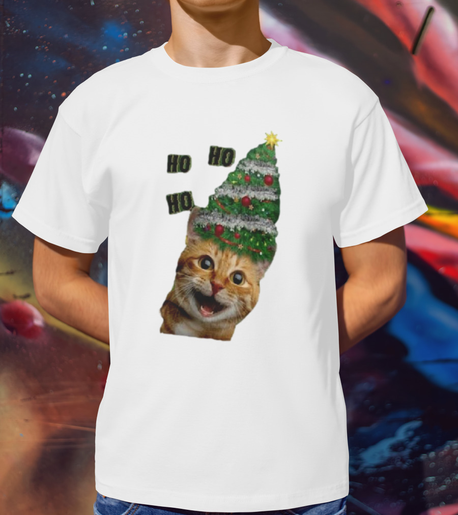 Cat With Christmas Tree Hat Ho Ho Ho Christmas T-Shirt