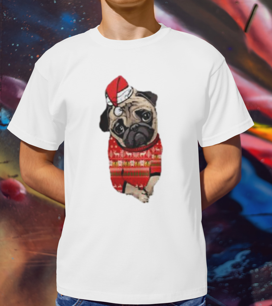 Lovely Pug Christmas Sweater Santa Hat Holiday T-Shirt