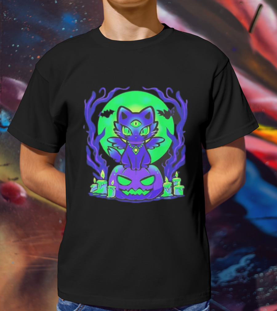 Spooky Moonlit Cat With Glowing Pumpkins And Bats T-Shirt