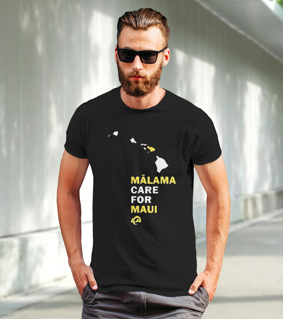 Mālama Care For Maui Los Angeles Rams Support With Hawaiian Islands Map T-Shirt