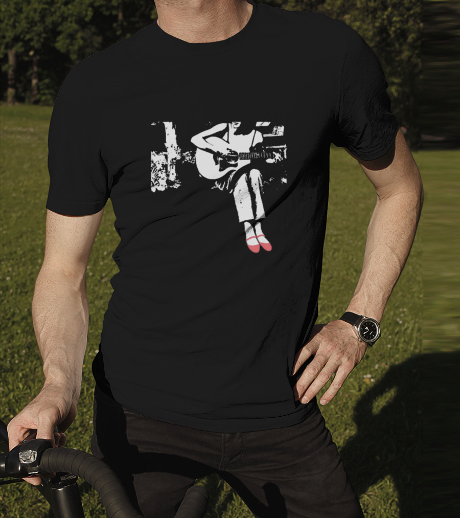 Devon Gabriella Playing Acoustic Guitar Black And White Contrast Red Shoes T-Shirt