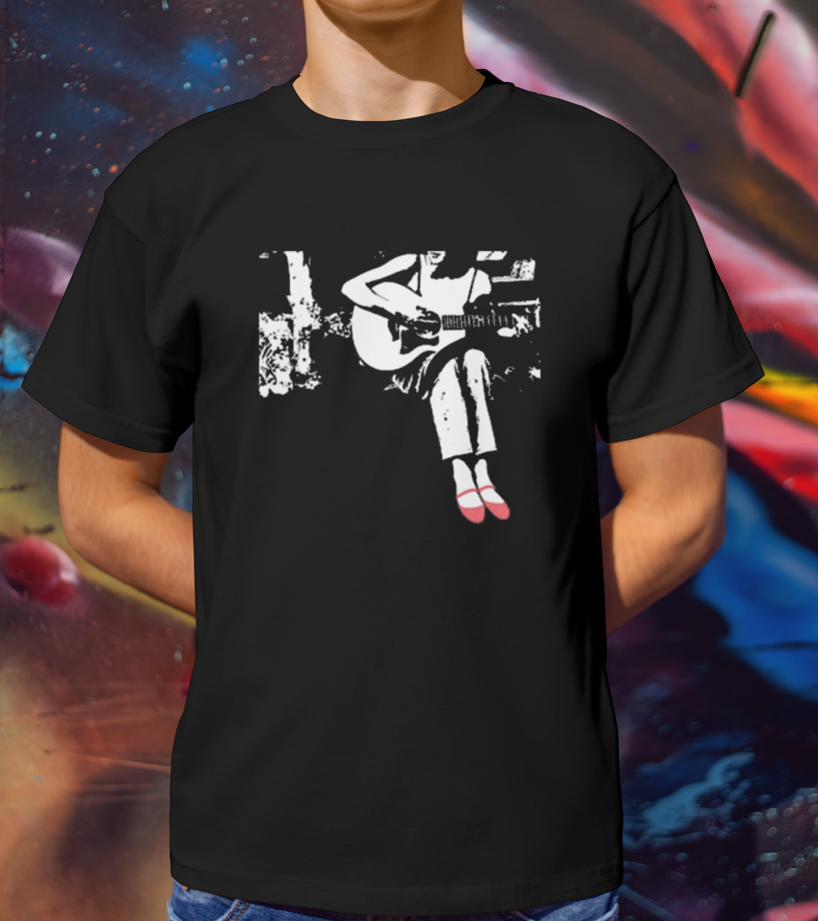 Devon Gabriella Playing Acoustic Guitar Black And White Contrast Red Shoes T-Shirt